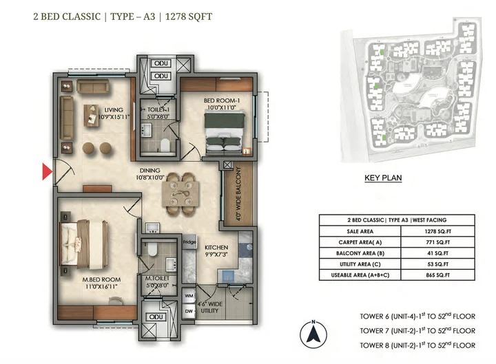 2 BHK Classic Type A3 1278 sqft floor plan of Prestige Golden Grove