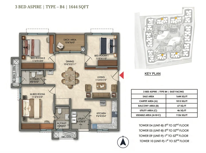 3 BHK Aspire Type B4 1644 sqft floor plan of Prestige Golden Grove