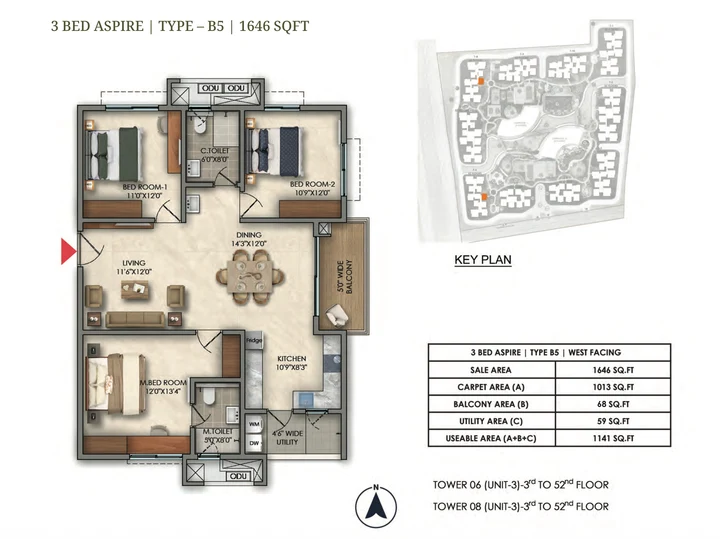 3 BHK Aspire Type B5 1646 sqft floor plan of Prestige Golden Grove