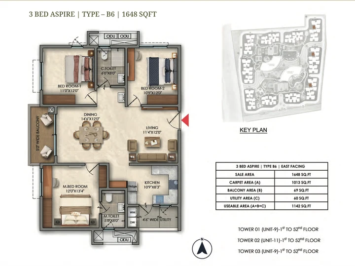 3 BHK Aspire Type B6 1648 sqft floor plan of Prestige Golden Grove