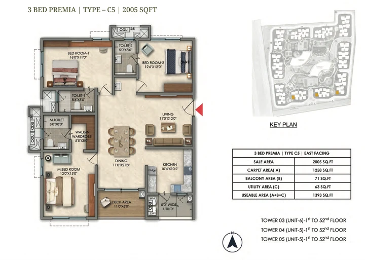 3 BHK Premia Type C5 2005 sqft floor plan of Prestige Golden Grove