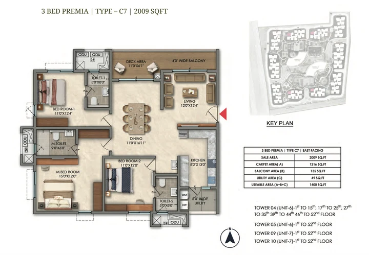 3 BHK Premia Type C7 2009 sqft floor plan of Prestige Golden Grove