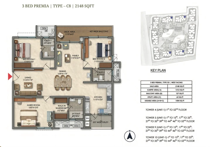 3 BHK Premia Type C8 2148 sqft floor plan of Prestige Golden Grove