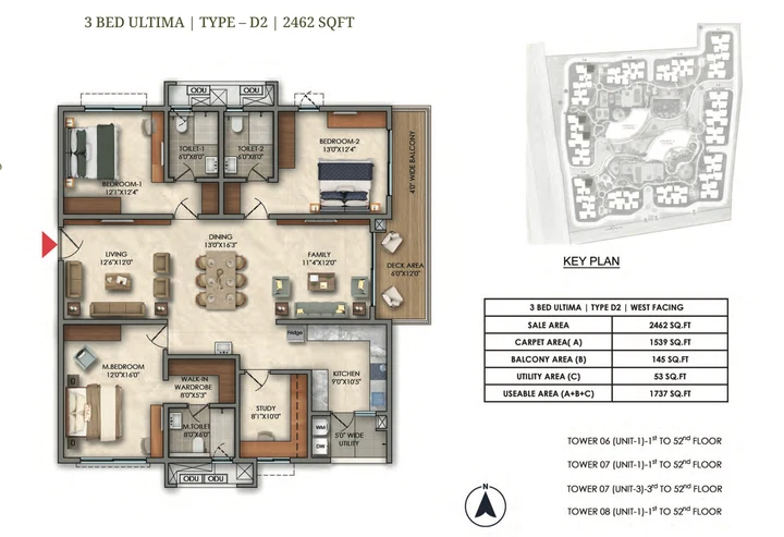 3 BHK Ultima Type D2 2462 sqft floor plan of Prestige Golden Grove