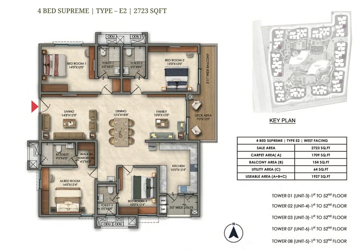 4 BHK Supreme Type E2 2723 sqft floor plan of Prestige Golden Grove