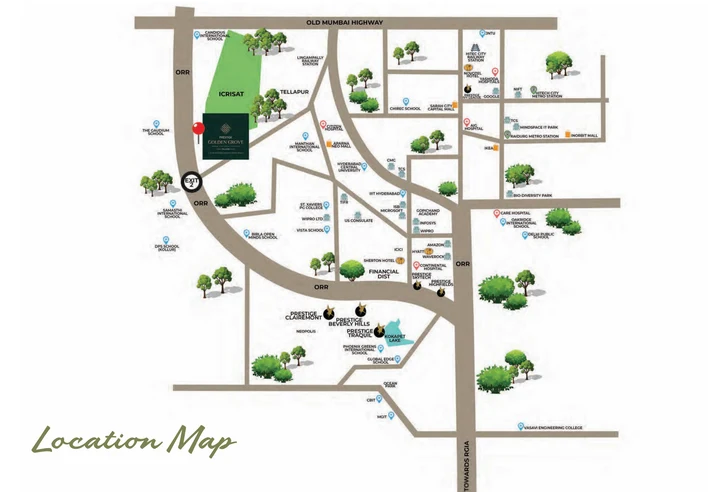 Location map of Prestige Golden Grove in Tellapur, Hyderabad
